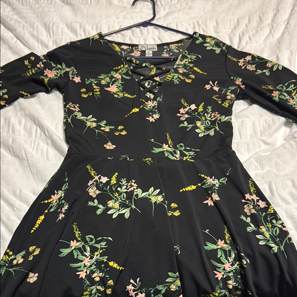J for Justify Black and Yellow Fit and Flare Dress with Bishop Sleeves